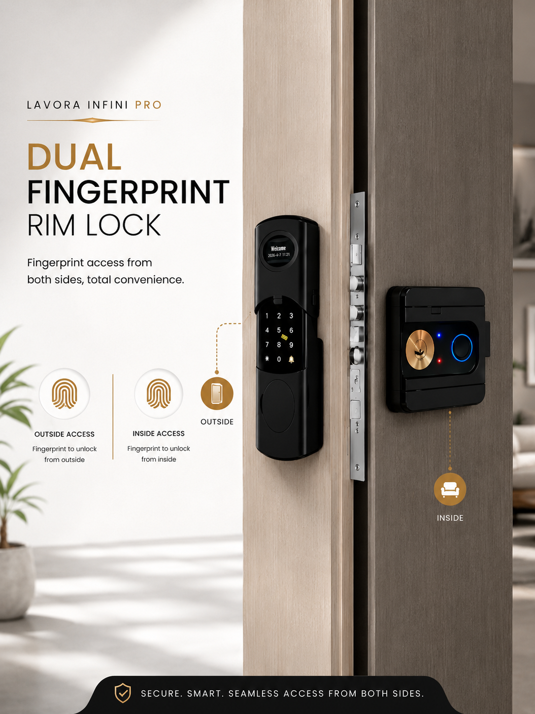 LAVORA INFINI PRO Smart Lock | Advanced App-Controlled Smart Security, Dual Rim Fingerprint