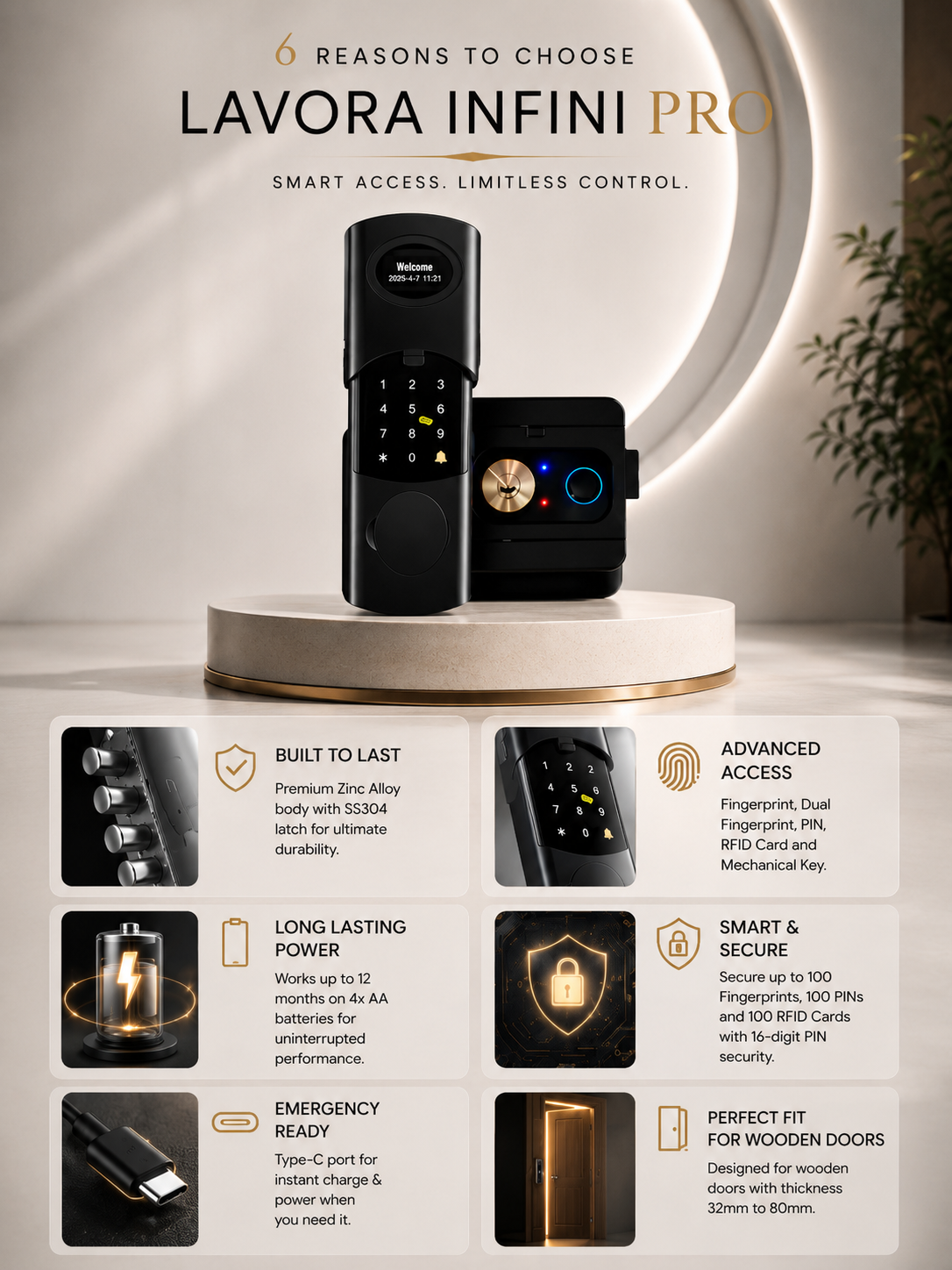 LAVORA INFINI PRO Smart Lock | Advanced App-Controlled Smart Security, Dual Rim Fingerprint