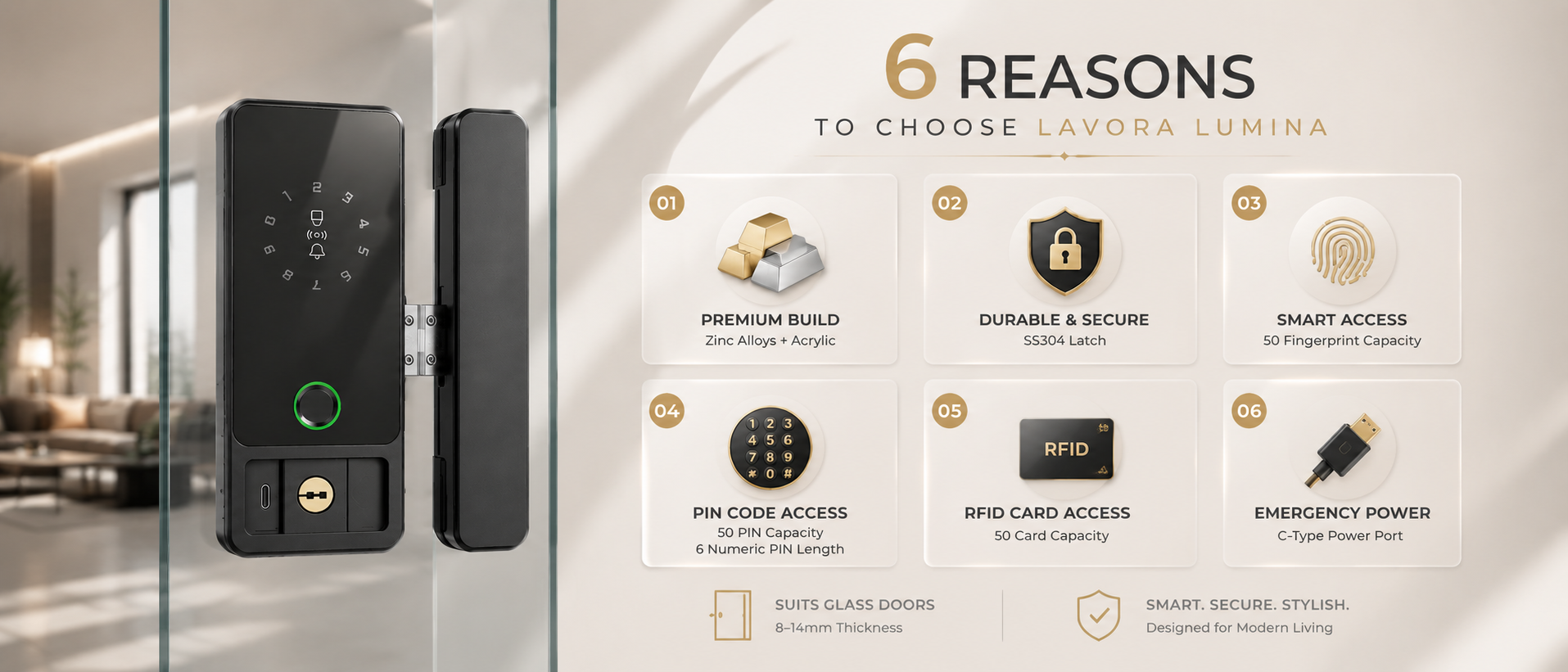 LAVORA LUMINA Smart Glass Door Lock | Remote Access & Fingerprint Security
