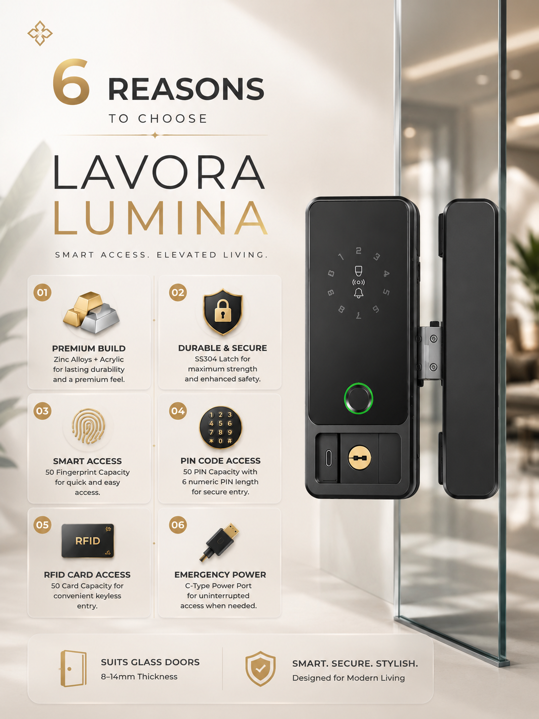 LAVORA LUMINA Smart Glass Door Lock | Remote Access & Fingerprint Security
