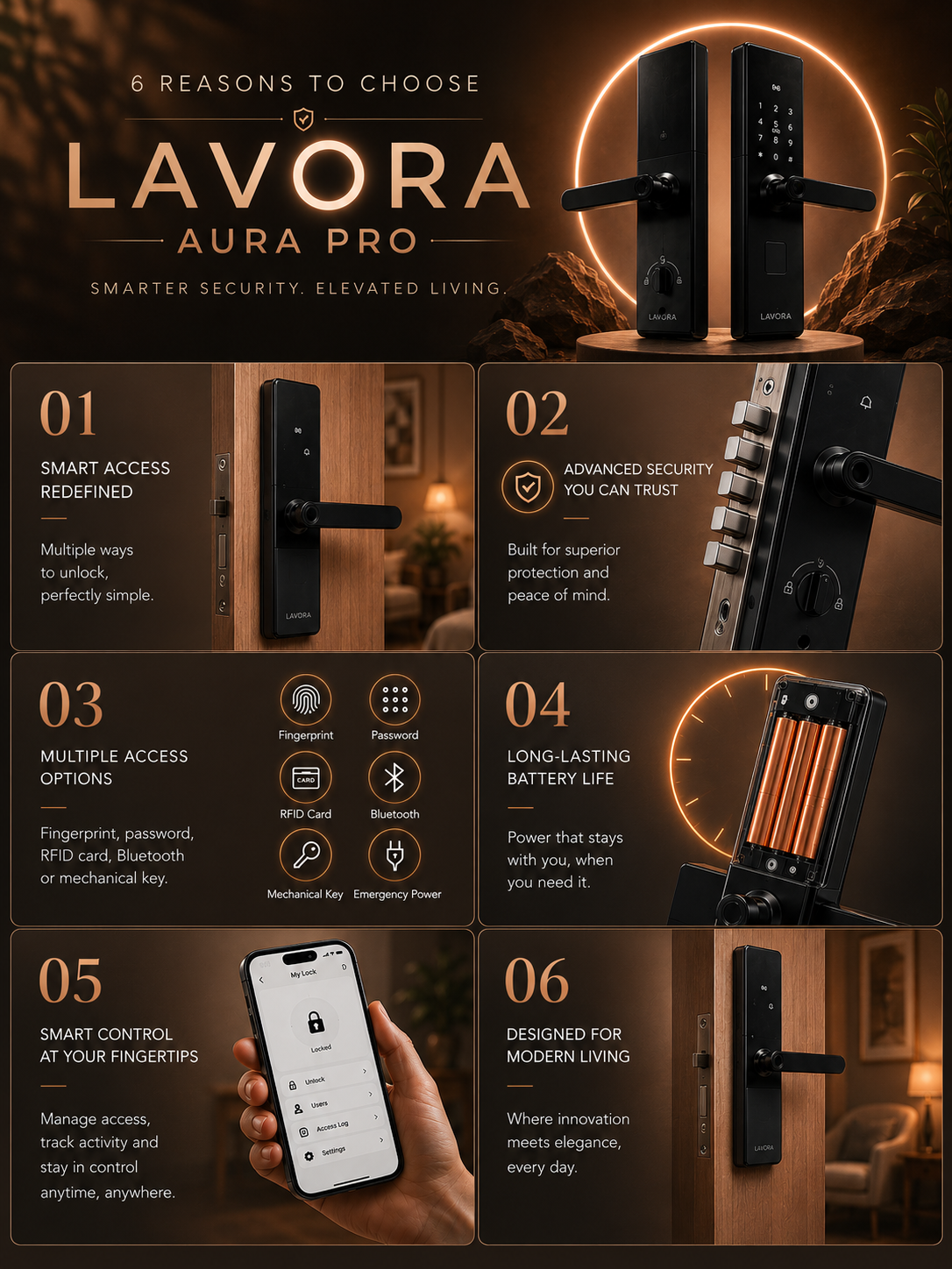 LAVORA AURA PRO Smart Lock | Fingerprint, PIN & RFID Access