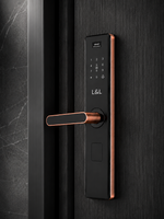 Lavora Aura Vision smart lever handle lock installed on a dark wood door, rose gold lever and trim