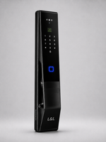 Lavora Prism Pro smart door lock at an angle, showing AI face recognition, palm vein and video calling