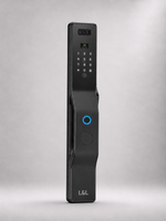 Lavora Verta Lite smart door lock at an angle, showing face recognition, palm vein and video calling