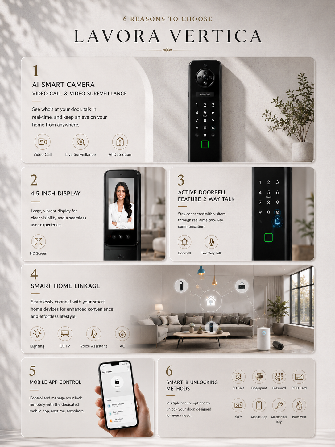 LAVORA VERTICA Smart Lock | Vertical Design with Face & Palm Vein Access